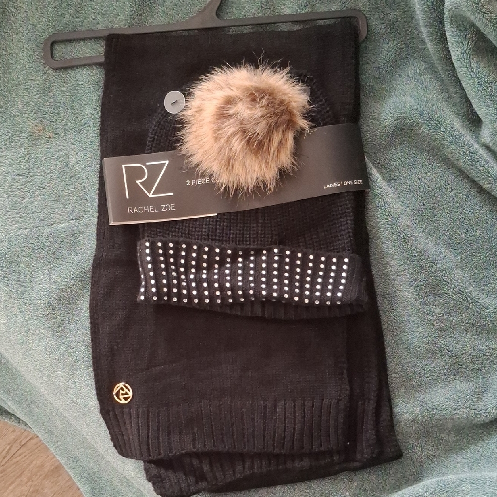 Rachel Zoe Black Knit Set with Faux Fur Pom-Pom